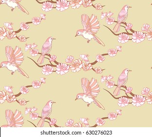 Spring apple or peach tree blossom seamless pattern with birds.