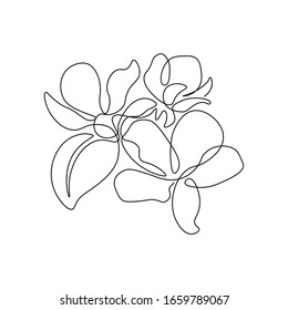 Spring Apple Tree Blossom In Continuous Line Art Drawing Style. Group Of Flowers With Leaf Black Linear Sketch Isolated On White Background. Vector Illustration