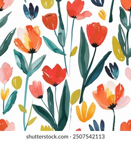 Spring Aqua Terra Brown French Grey White Abstract Tulip Flower Elegant Rainbow Watercolor Scandinavian Design Seamless Pattern Wallpaper Curtain Bedding Upholstery Pastel Fabric Background Vector