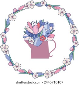 Arreglos de primavera con un ramo de flores. Un marco redondo con flores de primavera. Adecuado para tarjetas, tarjetas de primavera, invitación, saludos, tela, decoración interior y otros