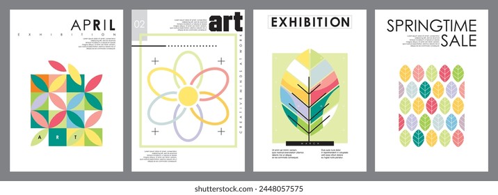 Spring art exhibition banners and posters design template. Creative covers and sale flyers. Abstract leaves, flowers and springtime plants vector illustration.