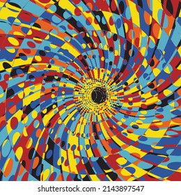Arte de primavera 8, Patrón geométrico abstracto con formas de flujo gráfico Elementos de círculos, ráfagas de sol y rayas de sol girando en un túnel con efecto de espiral, radiando desde el centro
