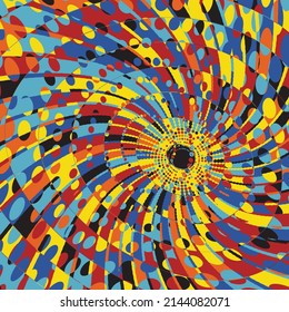 Spring Art 8, Absract Geometric Pattern with Graphic Flowing Shapes Elements of Circles, Sunburst and Rays of Sun Rotating in a Tunnel with Spiraling Effect, Radiating From the Center
