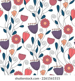 Spring art print with botanical elements. Vector pattern with hand-drawn fantasy flowers. Vector flowers on a white background. Posters for the spring holiday, wallpapers, textiles.