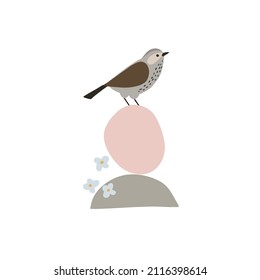 Spring artistic greeting card, invitation. Bird sitting on abstract organic geometric shapes. Blue flowers, blossoms isolated on white background. Modern minimalist vector drawing, wall art.