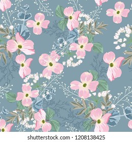 Spring autumn pink flowers with white herbs seamless pattern. Watercolor style floral background for invitation, fabric, wallpaper, print. Botanical texture. Blue background.