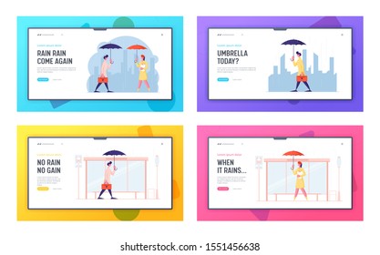 Spring Autumn Rain Meteorology Forecast Website Landing Page Set. Man with Briefcase Woman with Bread Waiting Transport with Umbrellas on Bus Station Web Page Banner. Cartoon Flat Vector Illustration