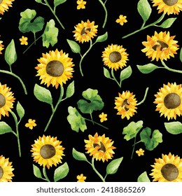 girasoles primaverales o otoñales con un patrón de fondo teal. Hojas, girasoles. Perfecto para otoño, día de Acción de Gracias, vacaciones, moda, vestidos, tela, textil. Vegetación repetida sin inconvenientes.