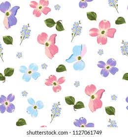 Spring autumn violet blue pink flowers seamless Pattern. Watercolor style floral background for wedding invitation, fabric, wallpaper, print. Botanical texture. Forget-me-not. White background.