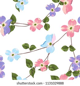 Spring autumn violet blue pink flowers seamless Pattern. Watercolor style floral background for wedding invitation, fabric, wallpaper, print. Botanical texture. Vector illustration. White background.