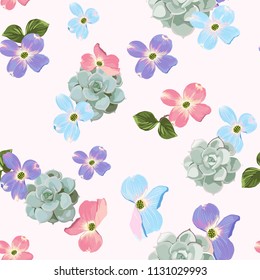 Spring autumn violet blue pink flowers seamless Pattern. Watercolor style floral background for wedding invitation, fabric, wallpaper, print. Botanical texture. Succulent composition. Pink background.
