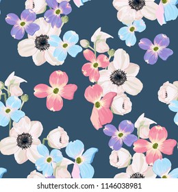 Spring autumn violet blue pink flowers with Hellebore anemone seamless pattern. Watercolor style floral background for invitation, fabric, wallpaper, print. Botanical texture. Blue background.