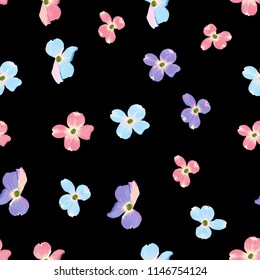 Spring autumn violet blue pink flowers seamless Pattern. Watercolor style floral background for invitation, fabric, wallpaper, print. Botanical texture. Vector illustration. Black background.