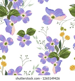 Spring autumn violet magnolia flowers with herbs seamless pattern. Watercolor style floral background for invitation, fabric, wallpaper, print. Botanical texture. White background.