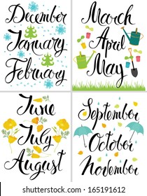 Spring, Autumn, Winter, Summer. Month of the year. Calligraphy
