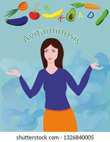 Spring avitaminosis - lack of vitamins. Vector illustration of a healthy diet. Healthy food: banana, avocado, onion, carrot, tomato, cucumber, eggplant. A woman thinking about nutrition.