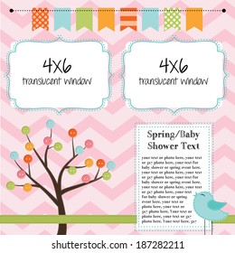 Spring, Baby Shower, Or Summer Layout With Trees, Birds And Banner Or Bunting, Background For Scrapbooking, Vector Format