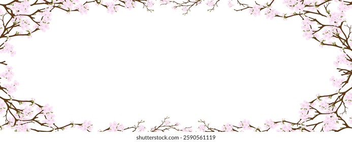 Spring Backgrond,Pink Cherry Blossom isolated on White Background,Vector Horizon Spring Flower Branches Border Frame with Copy Space for Easter Banner Design