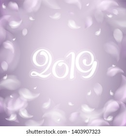 Spring background with 2019 year text, blurred flower petals and feathers vector illustration