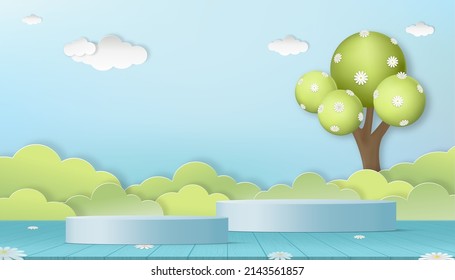 Spring background 3D green cylinder podium, flower bloossom on tree,Paper cut forest layer with cloud and blue sky background,Vector illustration Backdrop banner Natural scene for Easter or Summer 