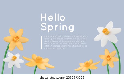 Spring background with 3d narcissus flowers in white and yellow colors. Daffodil render in plastic style. Vector springtime illustration. Floral elegant banner.