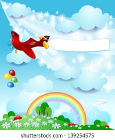 Spring background with airplane and banner, vector
