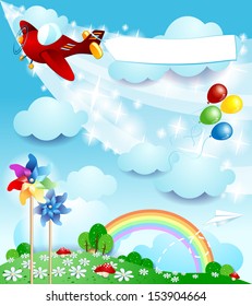 Spring background with airplane, vector