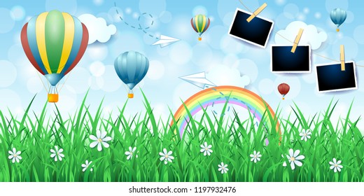 Spring background with balloons and photo frames, vector illustration eps10