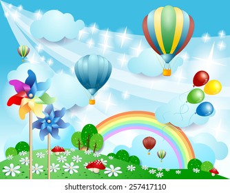 Spring background with balloons and pinwheels, vector eps10