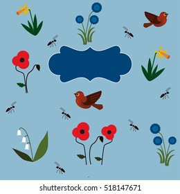 Spring background with banner and daffodils, ants, birds, poppies, cornflowers, Vector illustration.