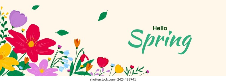 Spring background. Spring banner design with colorful flowers. Vector illustration