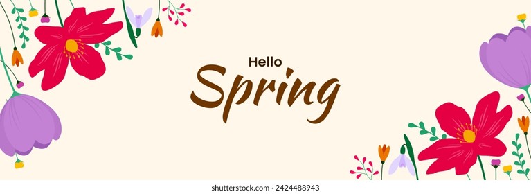 Spring background. Spring banner design with colorful flowers. Vector illustration