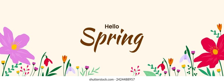 Spring background. Spring banner design with colorful flowers. Vector illustration