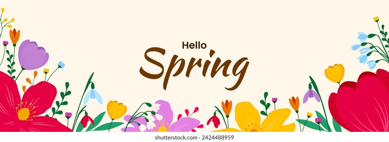 Spring background. Spring banner design with colorful flowers. Vector illustration