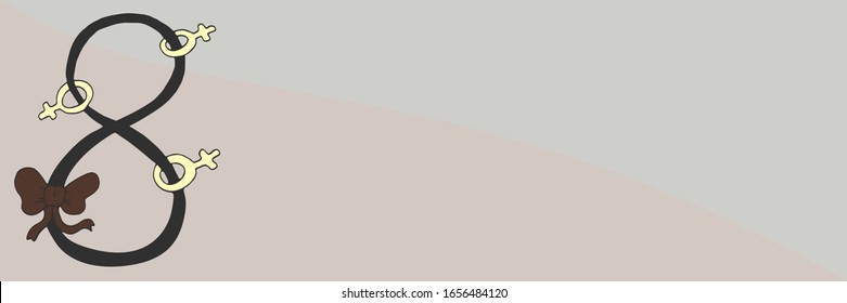 Spring background banner with place for text. Mothers Day. Eight with a bow and a female sign. Pastel colored vector.