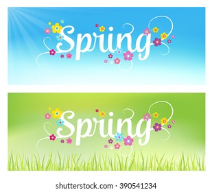 Spring background - banners with flowers. Can also be used as a sales poster. Seasonal vector illustration with typographical lettering.