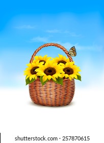 Spring background. Basket full of sunflowers and a butterfly. Vector.