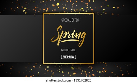 Spring background with beautiful colorful flower, card for spring season, promotion offer with spring element design, leaves and flower decoration, hand lettering font, sale banner. eps10 vector.