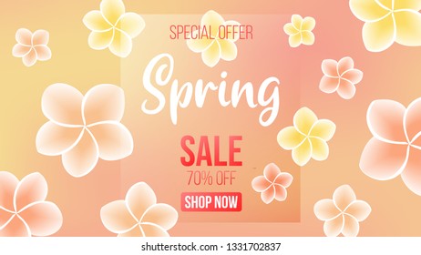 Spring background with beautiful colorful flower, card for spring season, promotion offer with spring element design, leaves and flower decoration, hand lettering font, sale banner. eps10 vector.