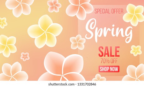 Spring background with beautiful colorful flower, card for spring season, promotion offer with spring element design, leaves and flower decoration, hand lettering font, sale banner. eps10 vector.