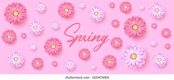 Fondo primaveral con hermosa flor colorida. Plantilla de ilustración vectorial, banner, papel pintado, volante, tarjeta de invitación, afiche, folleto sobre fondo violeta claro aislado