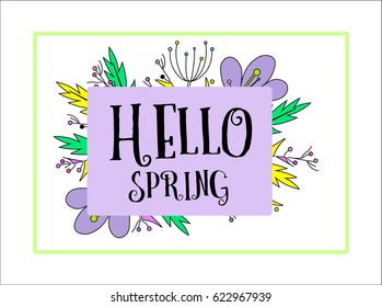 Spring background with beautiful colorful flower. Card for spring season with spring plants, leaves and flowers decoration. Vector illustration.