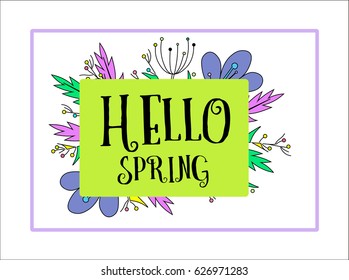 Spring background with beautiful colorful flower. Card for spring season with spring plants, leaves and flowers decoration. Vector illustration.