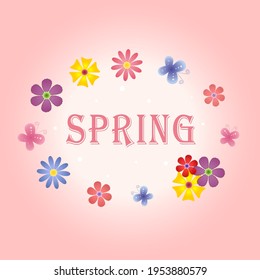 Spring background with beautiful colorful flowers and butterflies. Vector illustration on pink background 