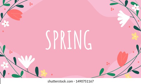 Spring background with beautiful flowers banner vector illustration. Joyful phrase written in calligraphic font on pink leaves background flat style design. Female t-shirt concept