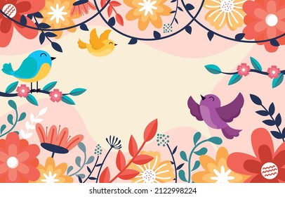 Spring background with beautiful flowers banner vector illustration. Colorful flat spring background Vector. Hello spring with cute birds background vector.