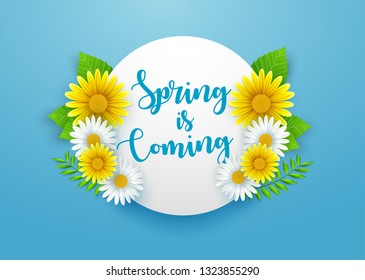 Spring background with beautiful flowers and round frame