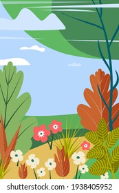 Spring background, Beautiful forest scene with flowers and woods , place for your text