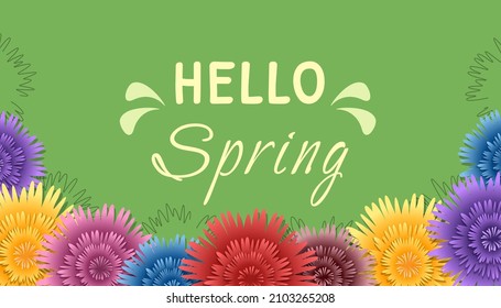 Spring background. Beautiful greeting card with colorful flowers, plants, foliage and greeting text on green background. Nature concept. Vector template for banner, card, poster