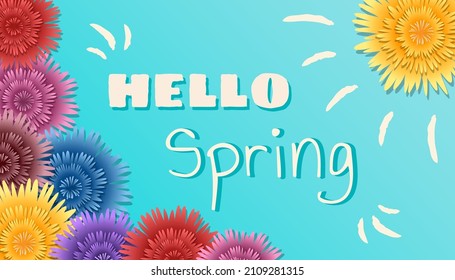 Spring background. Beautiful greeting card with colorful flowers, sky, foliage, sun and greeting text.  Nature concept. Vector template for banner, card, poster